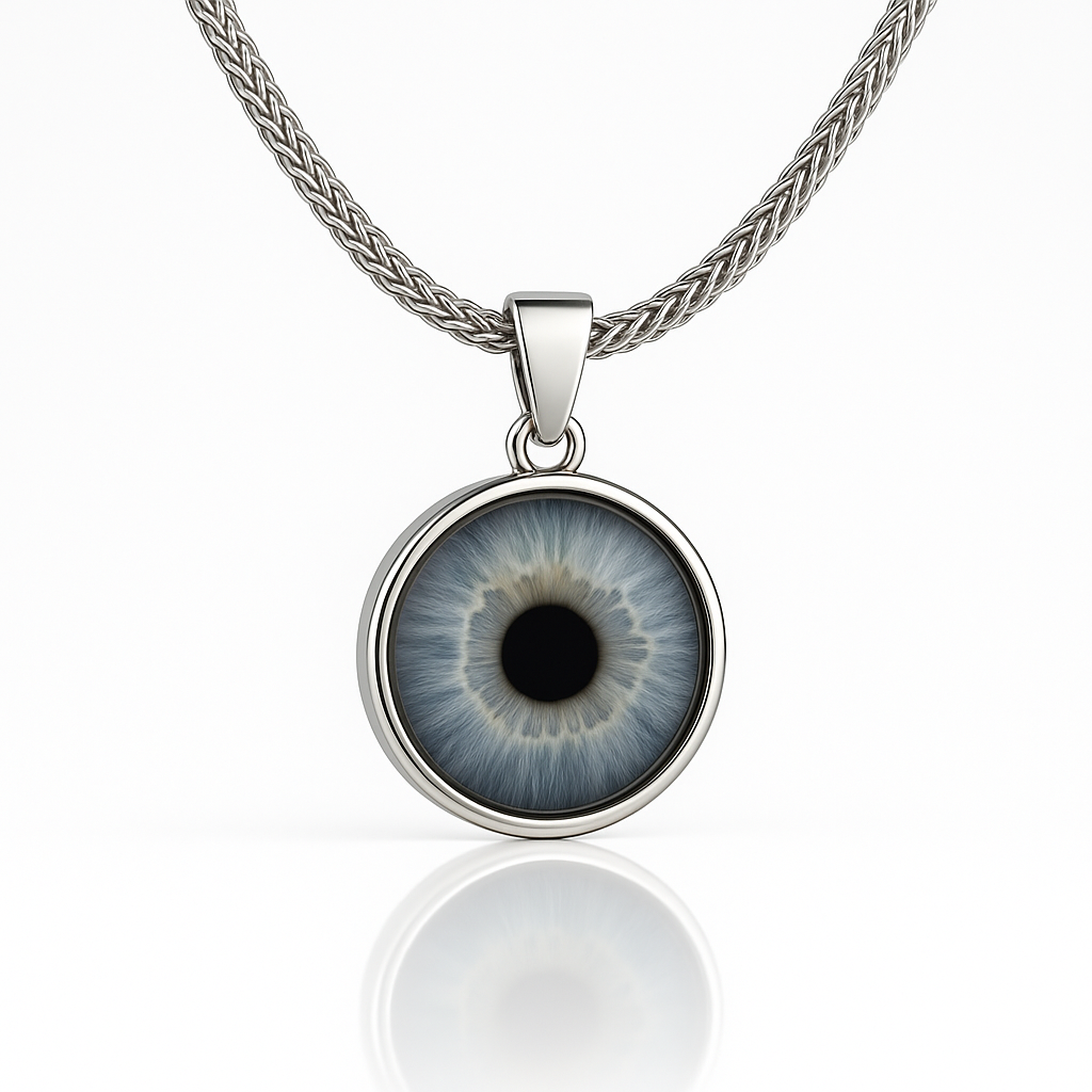 Necklace with a pendant featuring an eye design on a white background