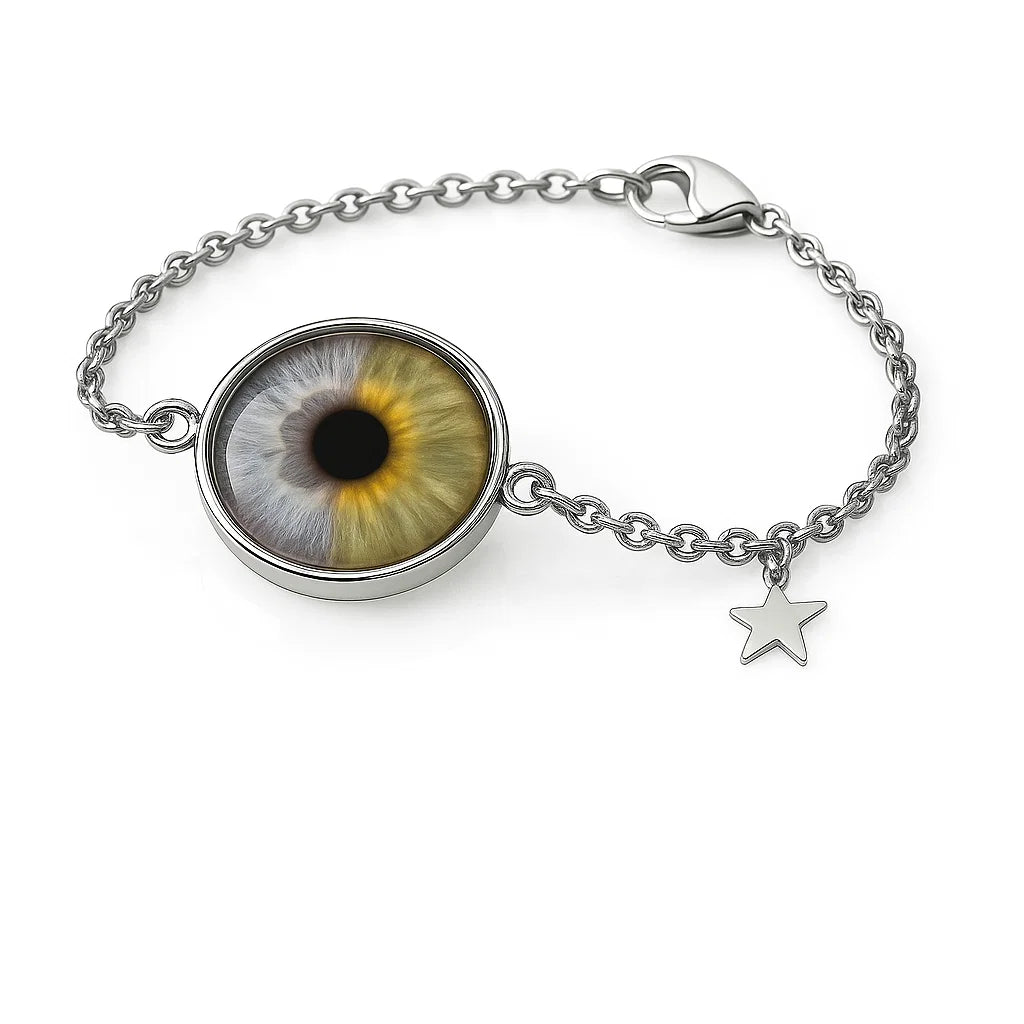 Bracelet with eye-shaped charm and star accent on a white background